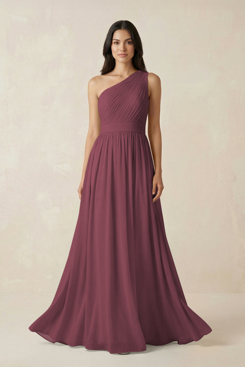 Desert Rose One-Shoulder Pleated Chiffon Bridesmaid Gown | KISSBRIDAL