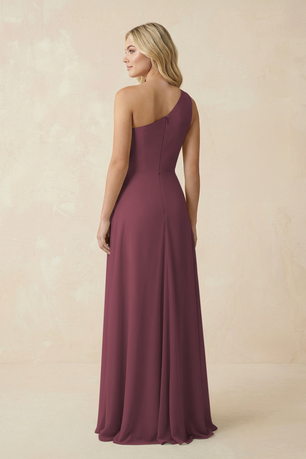 One-Shoulder Ruched A-Line Chiffon Bridesmaid Dress in Desert Rose