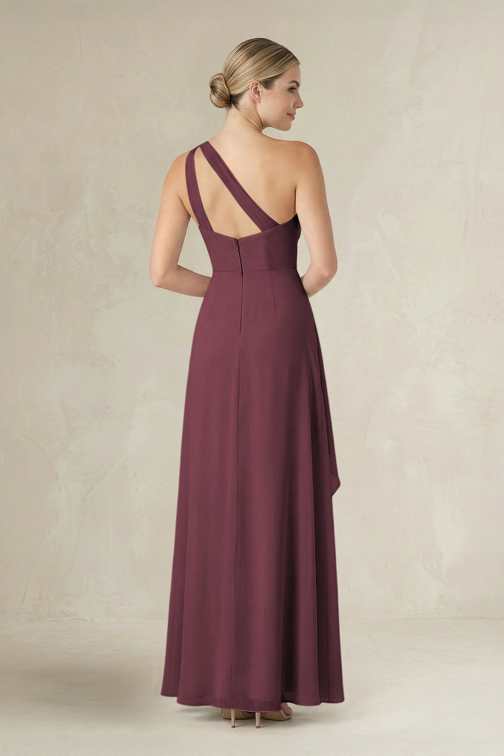 One-Shoulder Sheath Ruched Ruffled Bridesmaid Dress in Desert Rose