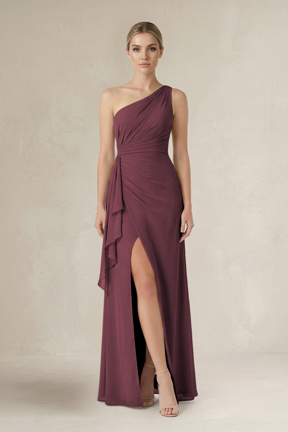 One-Shoulder Sheath Ruched Ruffled Bridesmaid Dress in Desert Rose
