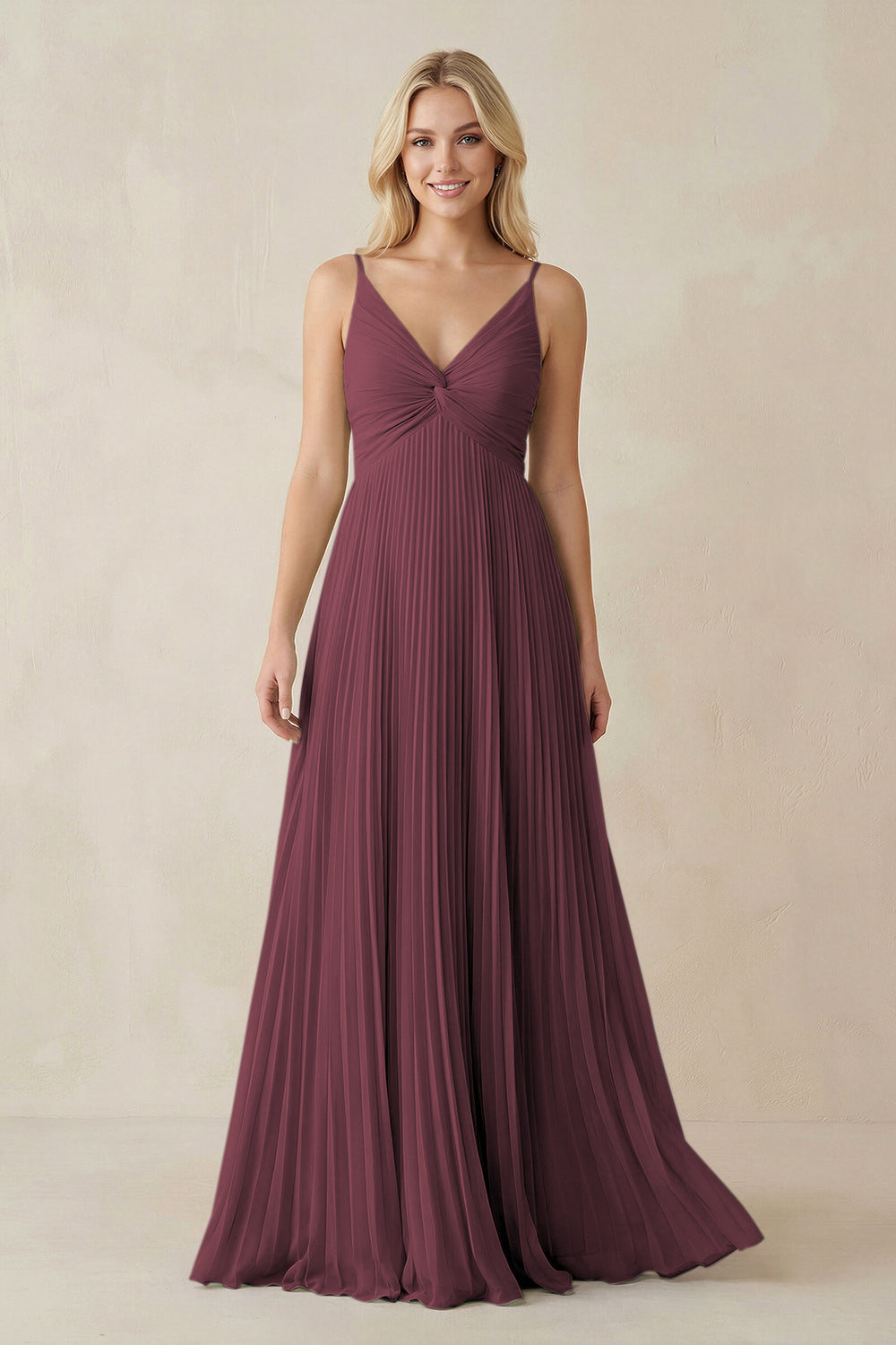 Pleated V-Neck A-Line Chiffon Bridesmaid Dress in Desert Rose