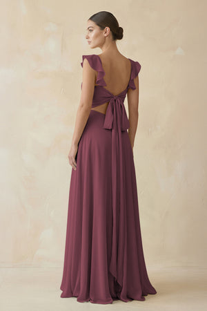 Desert Rose Ruffled Chiffon A-Line Long Bridesmaid Dress (2) | KISSBRIDAL