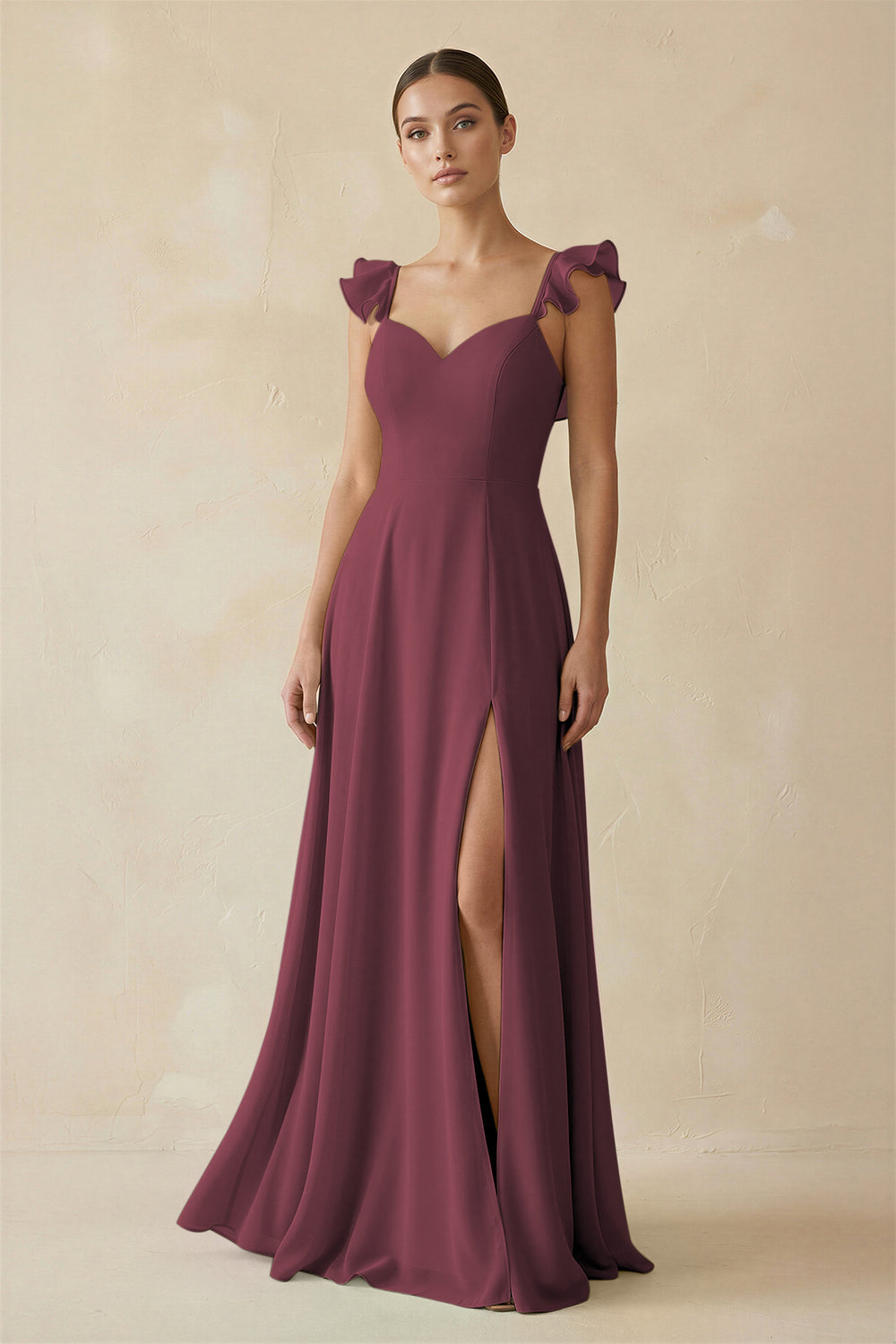 Ruffled Chiffon A-Line Long Bridesmaid Dress in Desert Rose