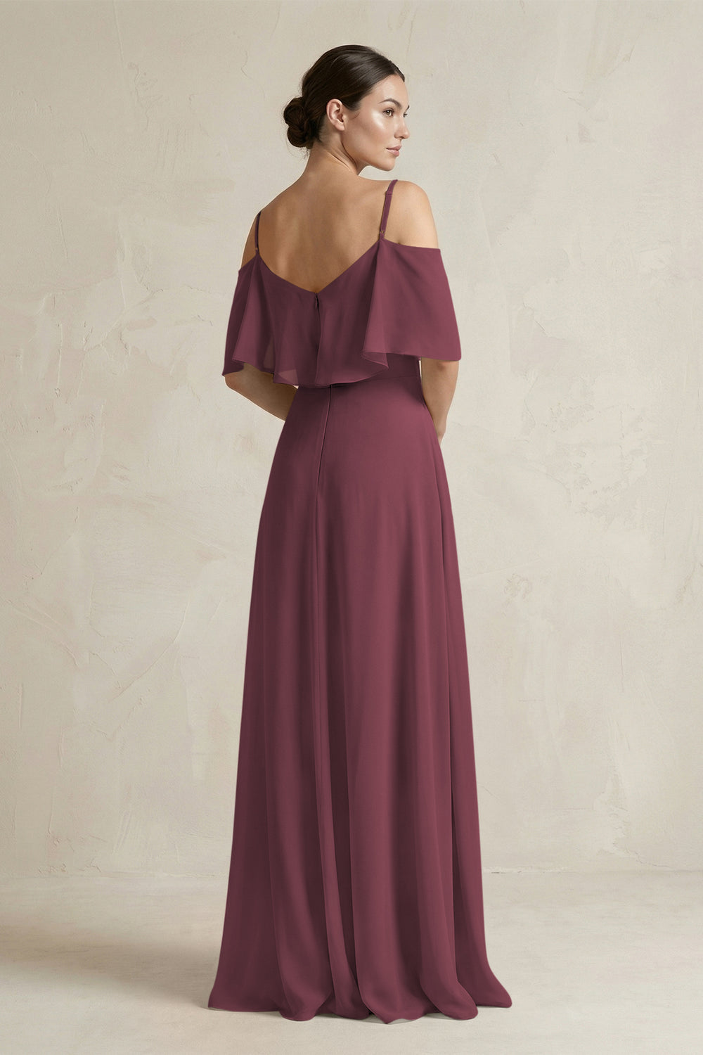 Ruffled Off-the-Shoulder A-Line Chiffon Bridesmaid Gown in Desert Rose