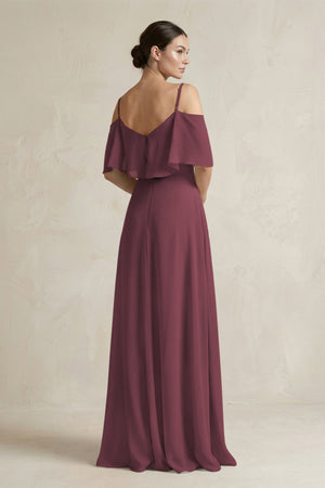Desert Rose Ruffled Off-the-Shoulder A-Line Chiffon Bridesmaid Gown (2) | KISSBRIDAL