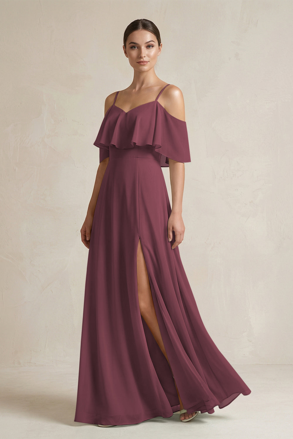 Ruffled Off-the-Shoulder A-Line Chiffon Bridesmaid Gown in Desert Rose
