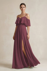 Desert Rose Ruffled Off-the-Shoulder A-Line Chiffon Bridesmaid Gown | KISSBRIDAL
