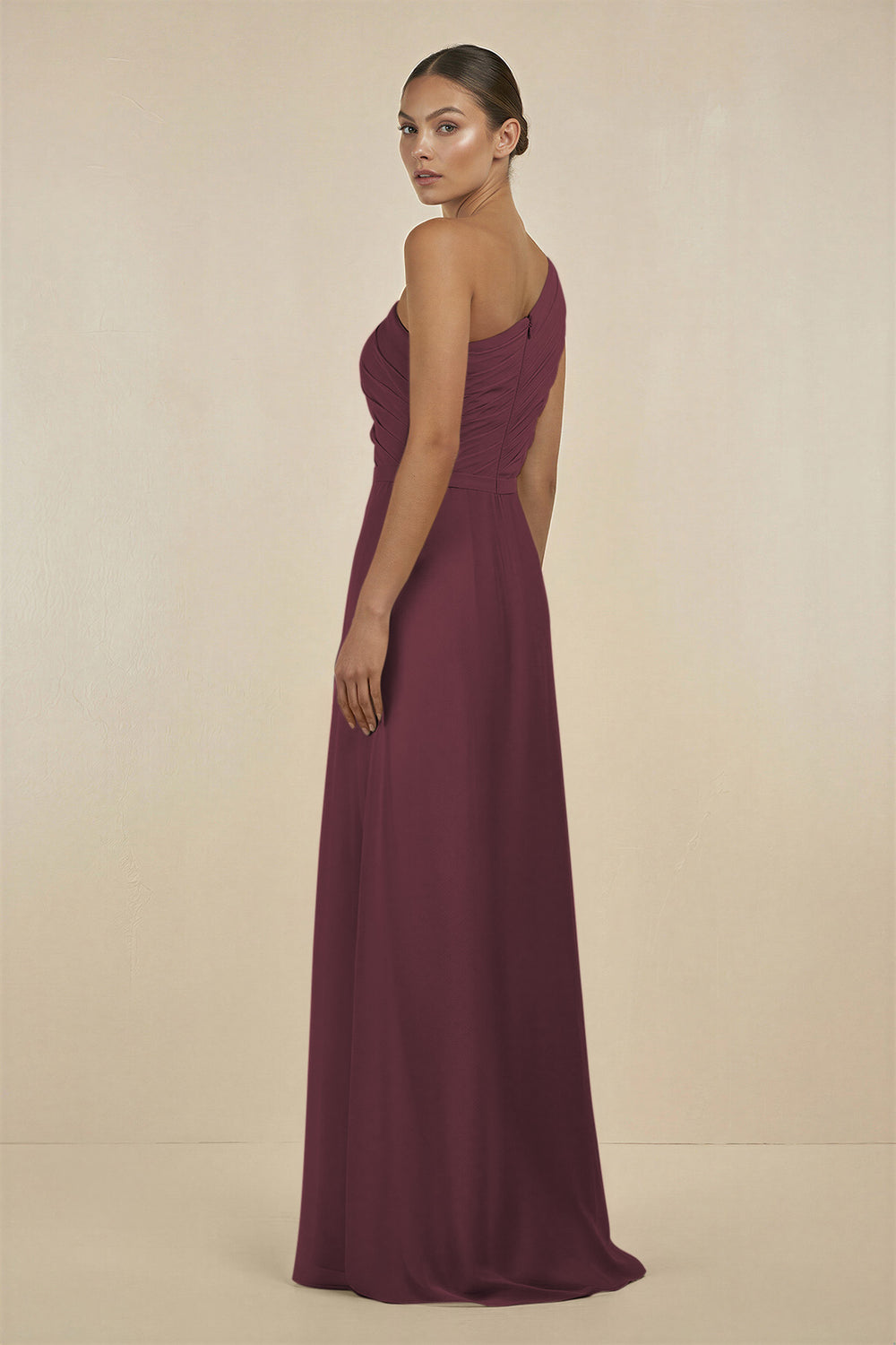 Ruffled One-Shoulder Pleated Sheath Bridesmaid Dress in Desert Rose