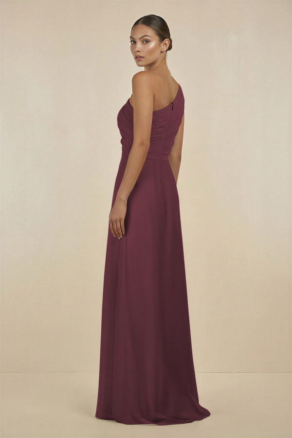 Desert Rose Ruffled One-Shoulder Pleated Sheath Bridesmaid Dress (2) | KISSBRIDAL