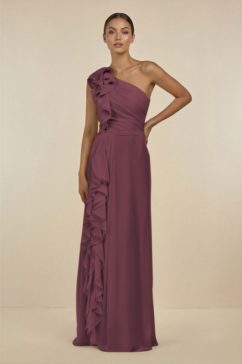 Ruffled One-Shoulder Pleated Sheath Bridesmaid Dress in Desert Rose