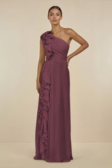 Desert Rose Ruffled One-Shoulder Pleated Sheath Bridesmaid Dress | KISSBRIDAL
