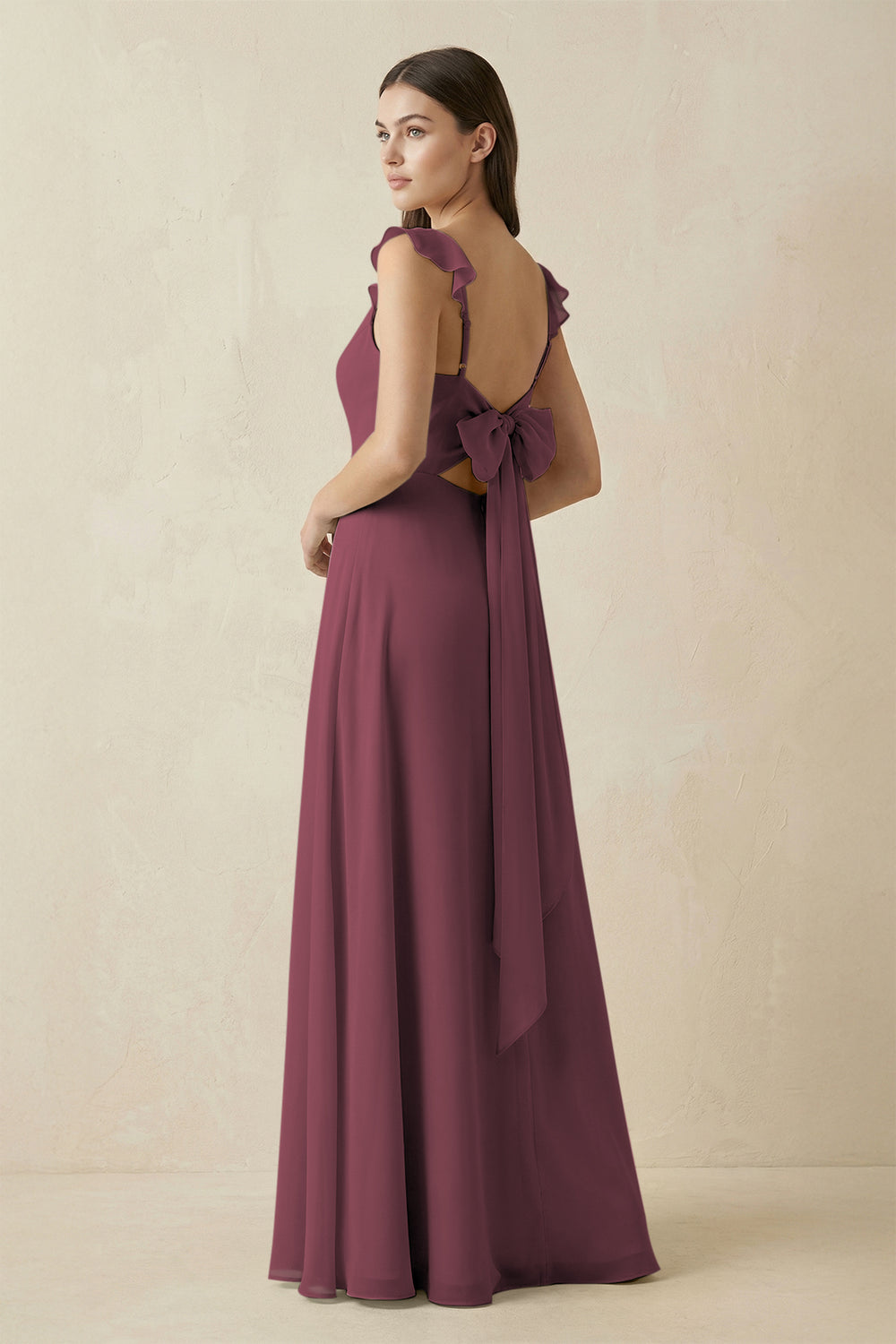 Ruffled Sleeve A-Line Chiffon Bridesmaid Dress in Desert Rose