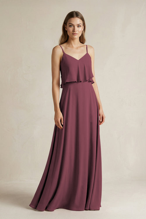 Desert Rose Ruffled Spaghetti Strap A-Line Chiffon Bridesmaid Dress in Desert Rose | KISSBRIDAL