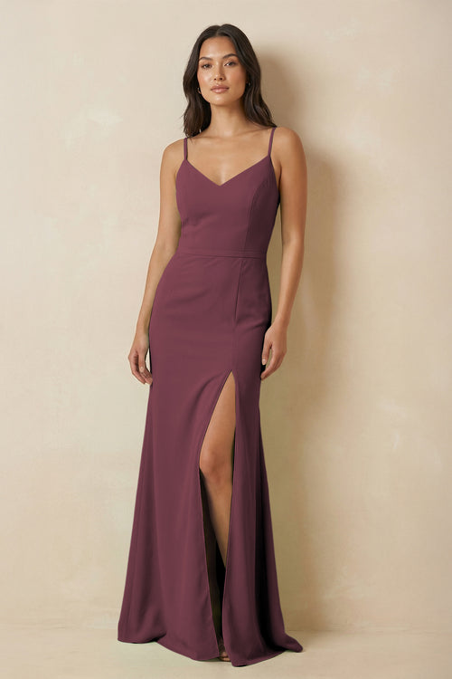 Desert Rose Sheath Cami Strap Chiffon Bridesmaid Dress with Slit | KISSBRIDAL