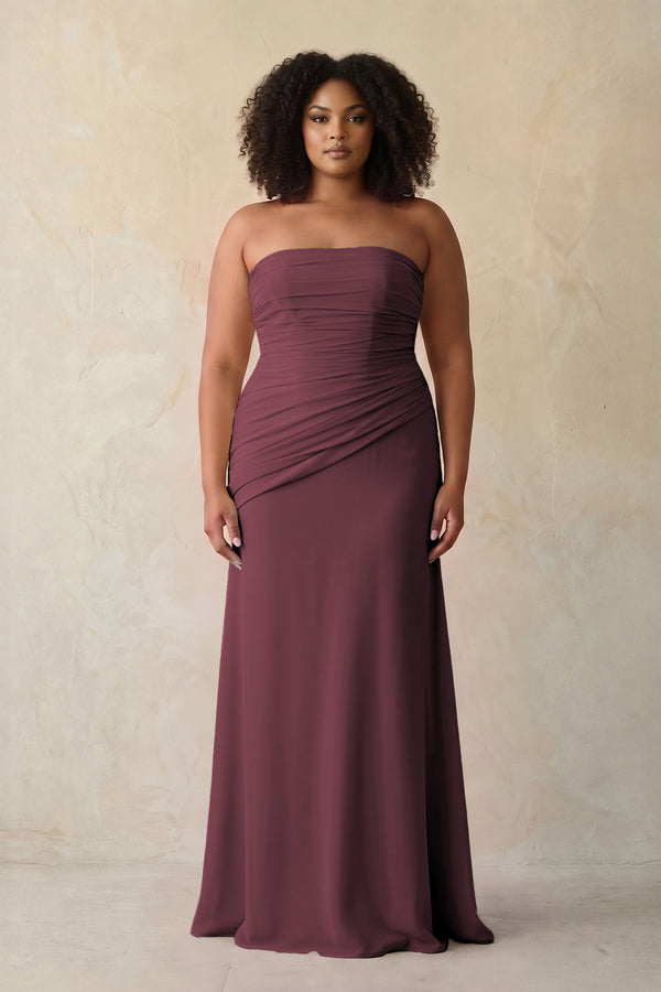 Desert Rose Sheath Chiffon Strapless Pleated Bridesmaid Dress (3) [sizeplus] | KISSBRIDAL