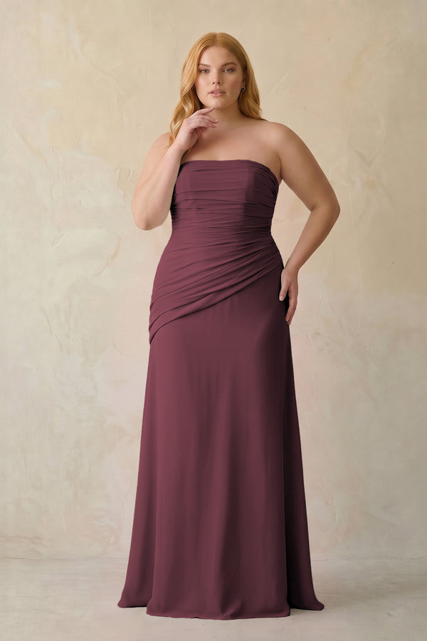 Desert Rose Sheath Chiffon Strapless Pleated Bridesmaid Dress [sizeplus] | KISSBRIDAL
