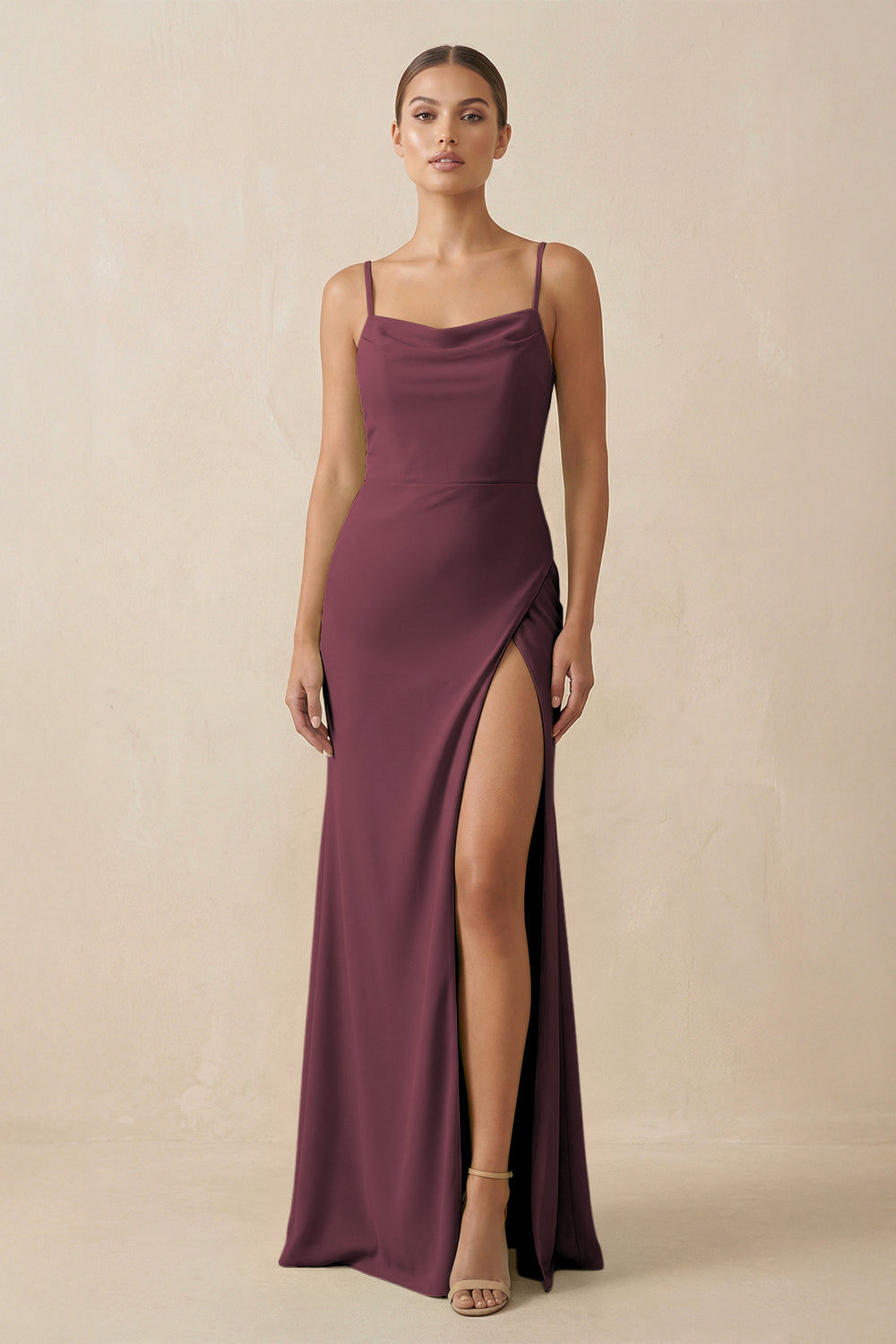 Sheath Spaghetti Straps Chiffon Long Bridesmaid Dress in Desert Rose