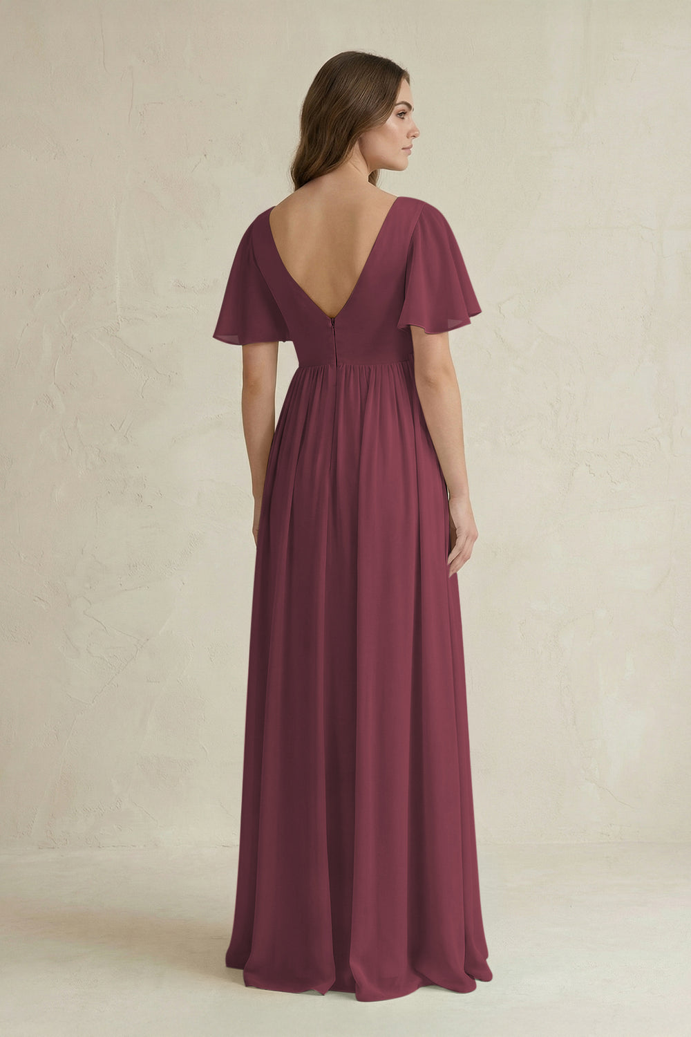 Short Sleeve V-Neck A-Line Chiffon Bridesmaid Dress in Desert Rose