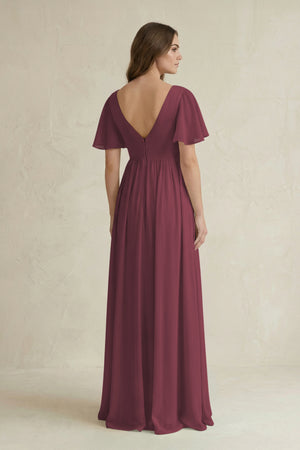 Desert Rose Short Sleeve V-Neck A-Line Chiffon Bridesmaid Dress (2) | KISSBRIDAL