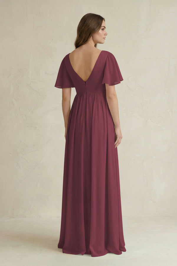 Desert Rose Short Sleeve V-Neck A-Line Chiffon Bridesmaid Dress (2) | KISSBRIDAL