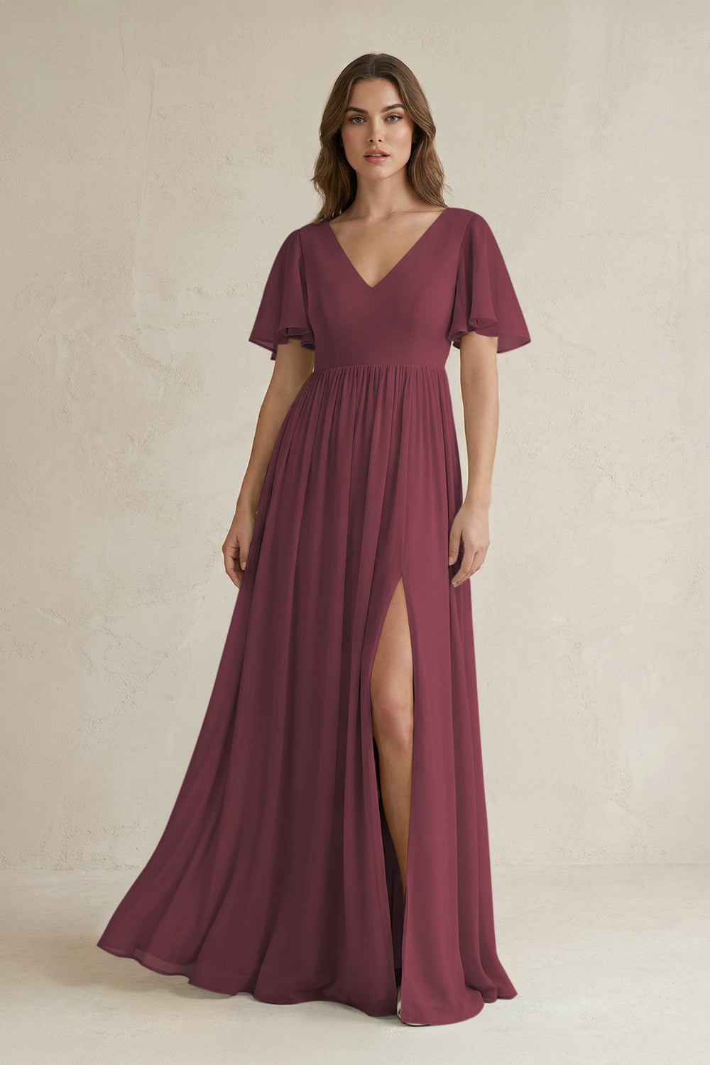 Short Sleeve V-Neck A-Line Chiffon Bridesmaid Dress in Desert Rose