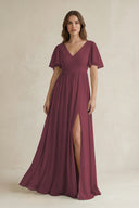 Desert Rose Short Sleeve V-Neck A-Line Chiffon Bridesmaid Dress | KISSBRIDAL