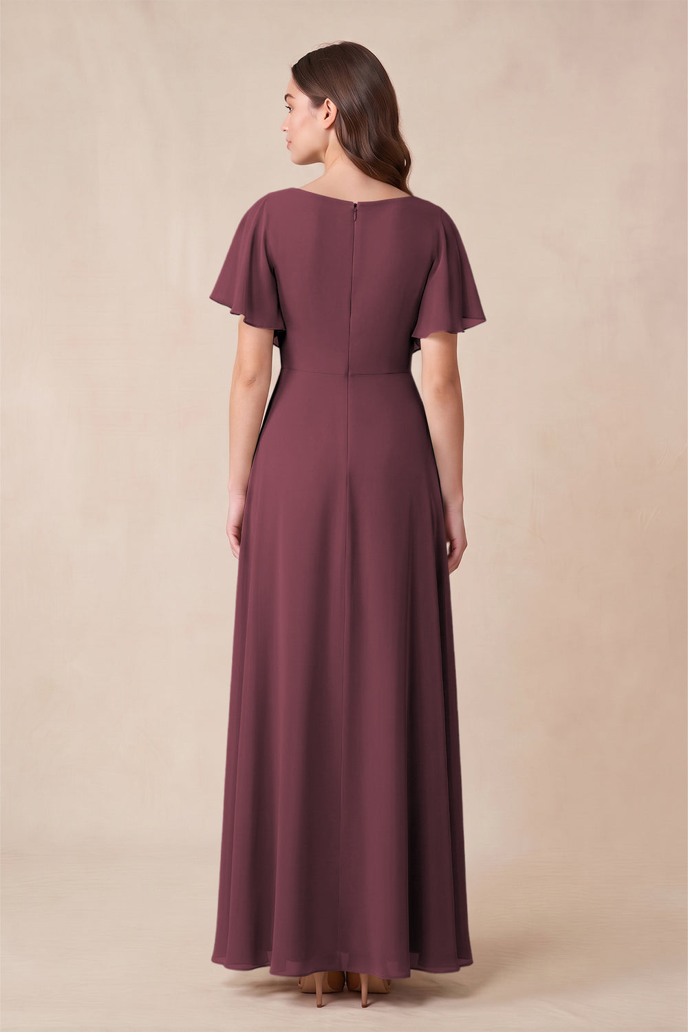 Short Sleeves Bateau A-Line Chiffon Bridesmaid Dress in Desert Rose