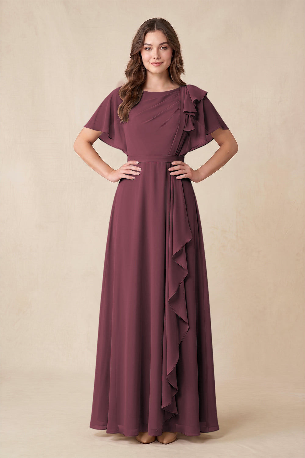 Short Sleeves Bateau A-Line Chiffon Bridesmaid Dress in Desert Rose