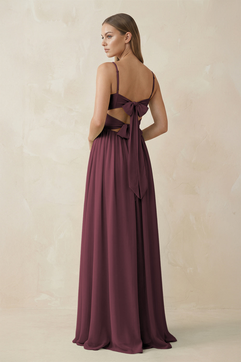 Spaghetti Strap Pleated A-Line Chiffon Bridesmaid Dress in Desert Rose