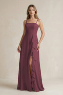 Desert Rose Spaghetti Strap Ruffled A-Line Chiffon Bridesmaid Dress | KISSBRIDAL
