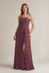 Desert Rose Spaghetti Strap Ruffled A-Line Chiffon Bridesmaid Dress | KISSBRIDAL