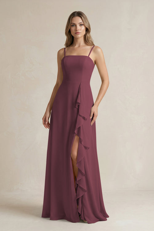 Desert Rose Spaghetti Strap Ruffled A-Line Chiffon Bridesmaid Dress | KISSBRIDAL