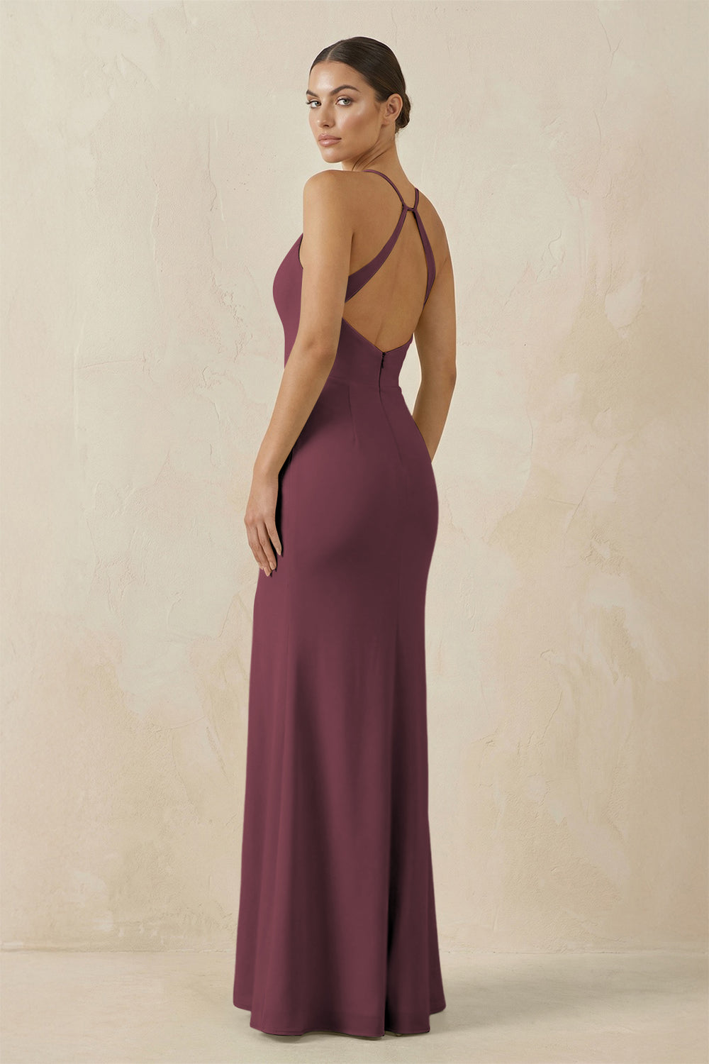 Spaghetti Strap Sheath Chiffon Bridesmaid Dress With Slit in Desert Rose
