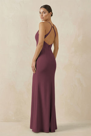 Desert Rose Spaghetti Strap Sheath Chiffon Bridesmaid Dress With Slit (2) | KISSBRIDAL