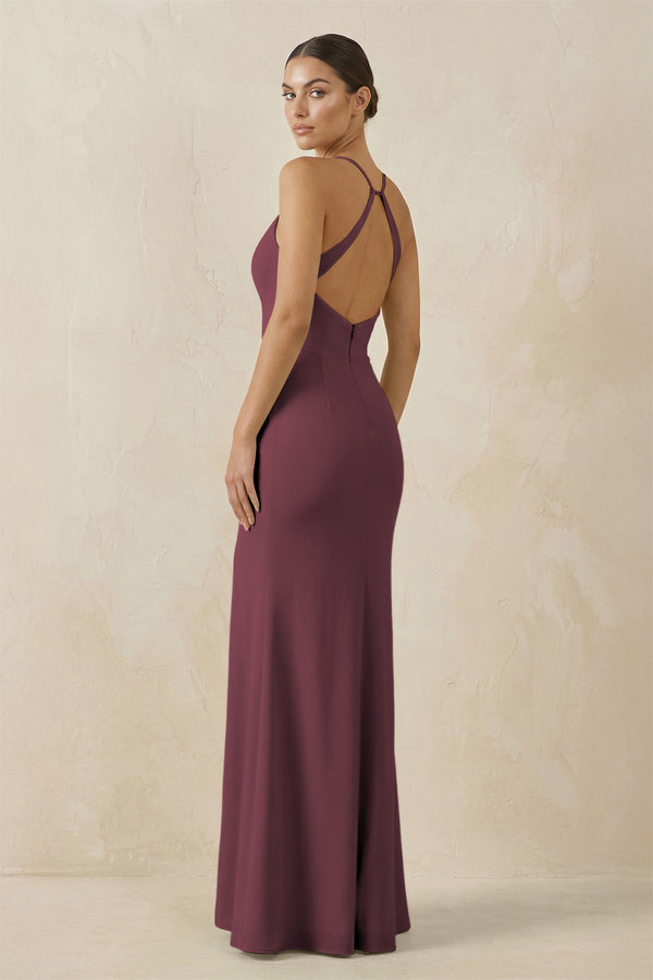 Desert Rose Spaghetti Strap Sheath Chiffon Bridesmaid Dress With Slit (2) | KISSBRIDAL