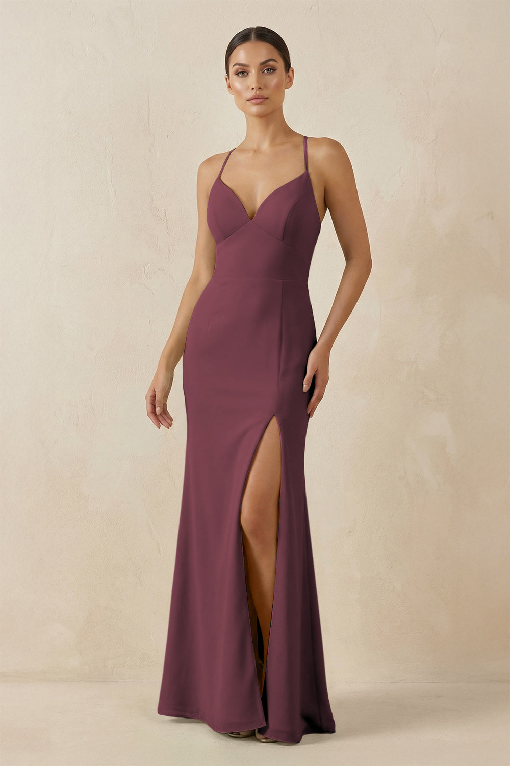 Spaghetti Strap Sheath Chiffon Bridesmaid Dress With Slit in Desert Rose