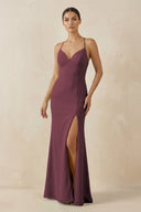 Desert Rose Spaghetti Strap Sheath Chiffon Bridesmaid Dress With Slit | KISSBRIDAL