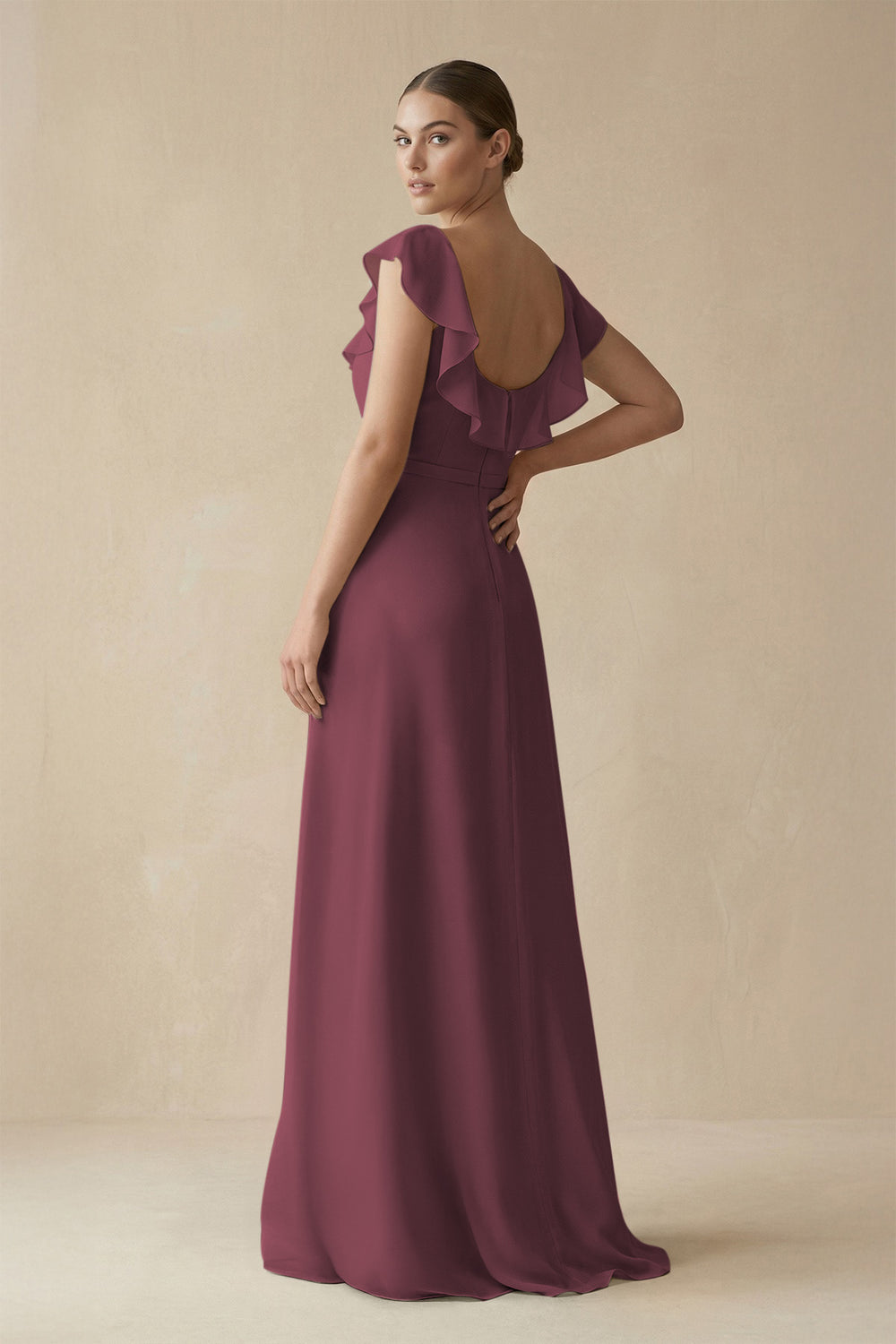 Square Neck A-Line Bridesmaid Dress with Ruffles in Desert Rose