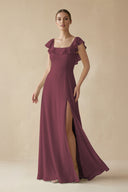Desert Rose Square Neck A-Line Bridesmaid Dress with Ruffles | KISSBRIDAL