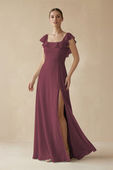 Desert Rose Square Neck A-Line Bridesmaid Dress with Ruffles | KISSBRIDAL