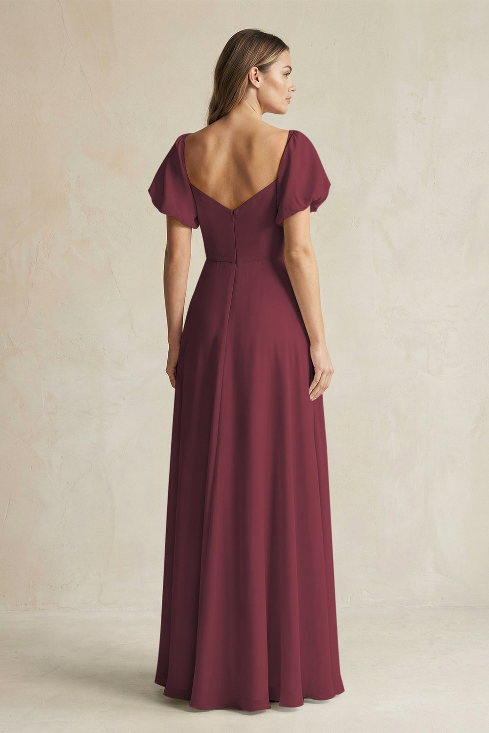 Sweetheart Puff Sleeve A-Line Chiffon Bridesmaid Dress in Desert Rose