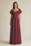 Desert Rose Sweetheart Puff Sleeve A-Line Chiffon Bridesmaid Dress | KISSBRIDAL
