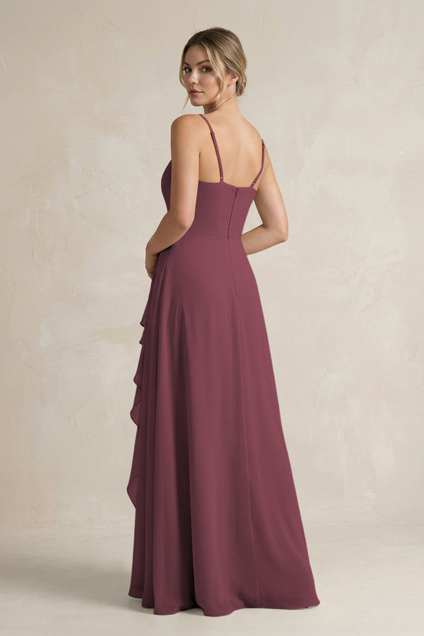 Desert Rose Sweetheart Ruffled A-Line Chiffon Bridesmaid Dress with Slit (2) | KISSBRIDAL