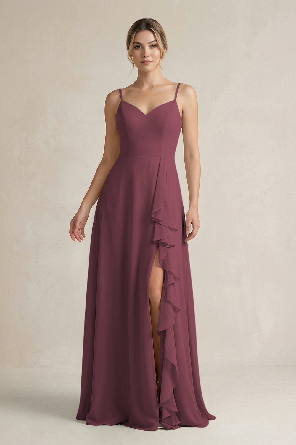 Sweetheart Ruffled A-Line Chiffon Bridesmaid Dress with Slit in Desert Rose