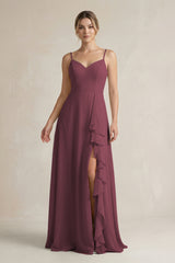 Desert Rose Sweetheart Ruffled A-Line Chiffon Bridesmaid Dress with Slit | KISSBRIDAL