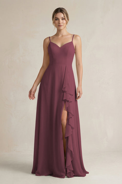 Desert Rose Sweetheart Ruffled A-Line Chiffon Bridesmaid Dress with Slit | KISSBRIDAL