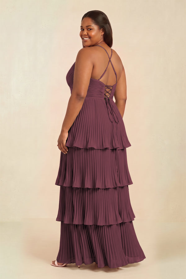 Desert Rose Tiered Pleated V-Neck A-Line Chiffon Bridesmaid Dress (2) [sizeplus] | KISSBRIDAL