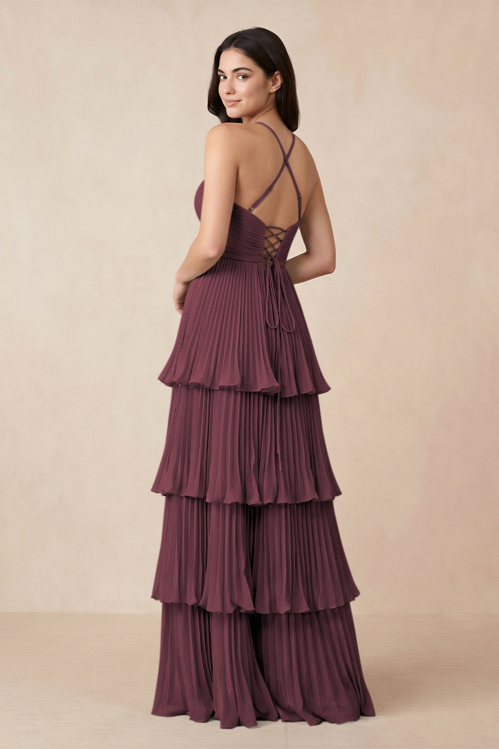 Tiered Pleated V-Neck A-Line Chiffon Bridesmaid Dress in Desert Rose