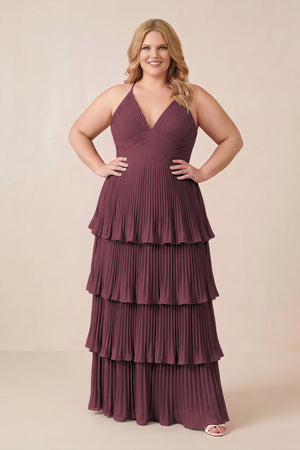 Desert Rose Tiered Pleated V-Neck A-Line Chiffon Bridesmaid Dress (3) [sizeplus] | KISSBRIDAL
