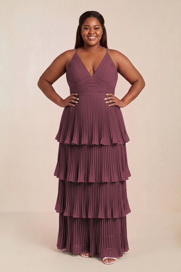 Desert Rose Tiered Pleated V-Neck A-Line Chiffon Bridesmaid Dress [sizeplus] | KISSBRIDAL